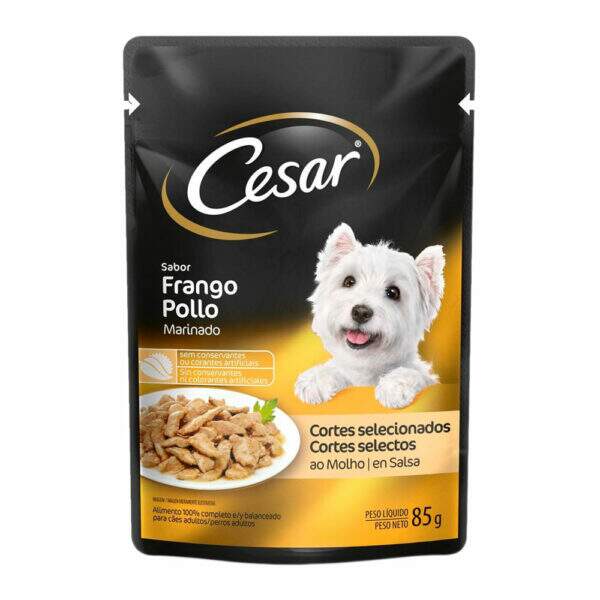 Ração úmida para cães adultos com sabor frango marinado.