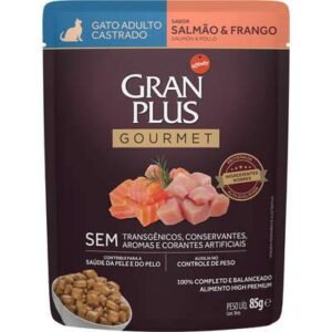 Ração Úmida GranPlus Gourmet Sachê Salmão & Frango para Gatos Castrados 85g