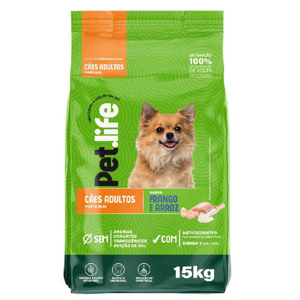 Ração Seca Pet.life Frango e Arroz para Cães Adultos Porte Mini 15,0Kg